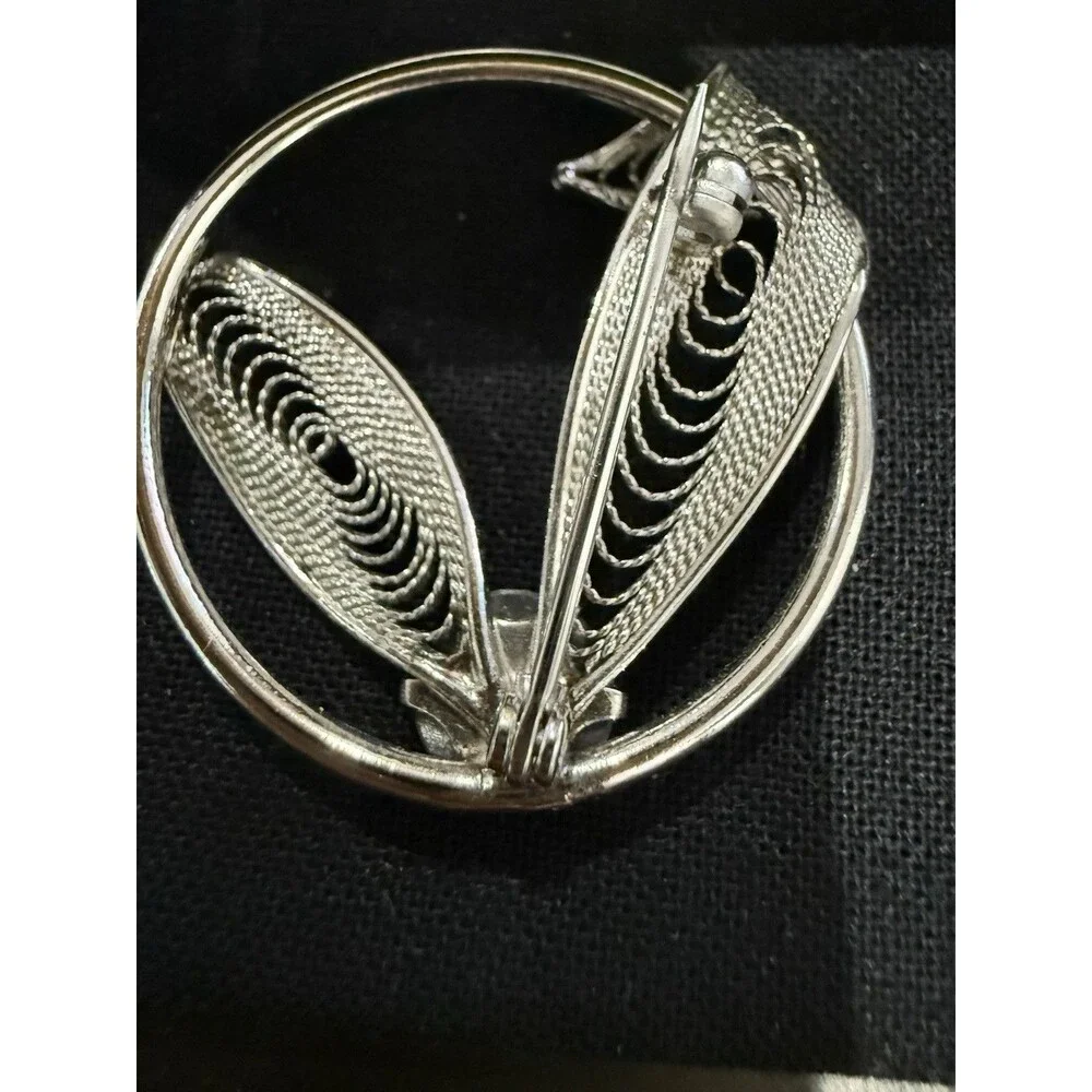 Vintage Mid Century Filigree Wreath Brooch Black Stone Pin Silver Tone  1” Appro